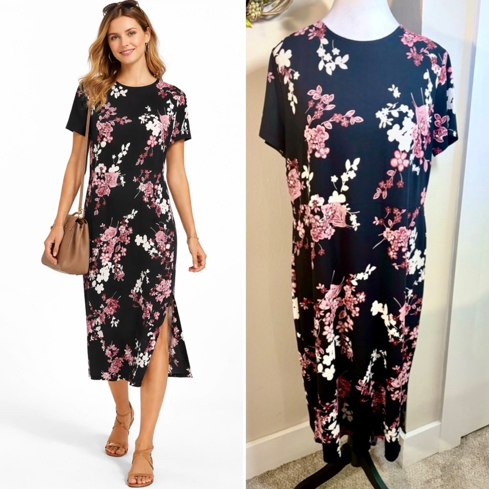 J. Jill Wearever Floral Stretch Knit Midi Dress Crew Neck Short Sleeve Sz Mđ